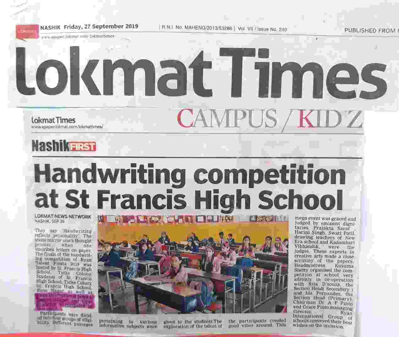 HANDWRITING COMPETITION - Ryan International School, Hal Ojhar